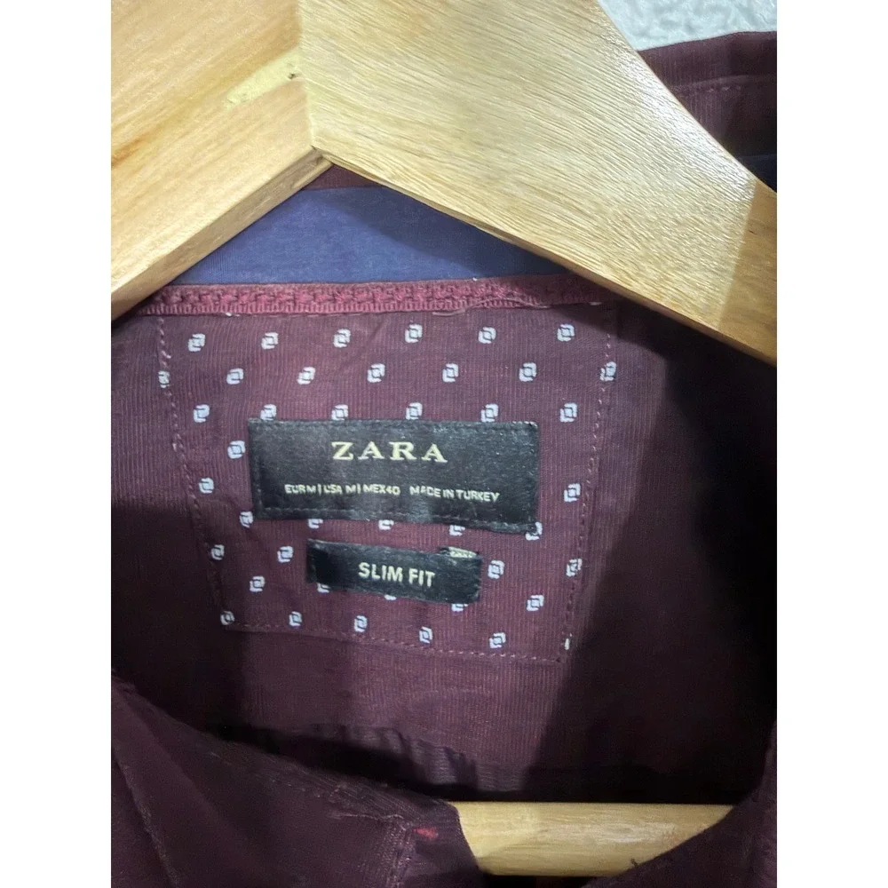 Zara Man Slim Fit Button Down Shirt Mens Medium Burgundy Maroon Long Sleeve - Picture 3 of 4